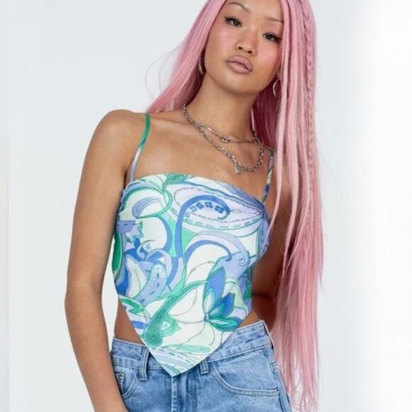 Princess Polly Ishan Satin Bandana Tank Top 4 Blue Green Mod Swirl - Picture 1 of 7